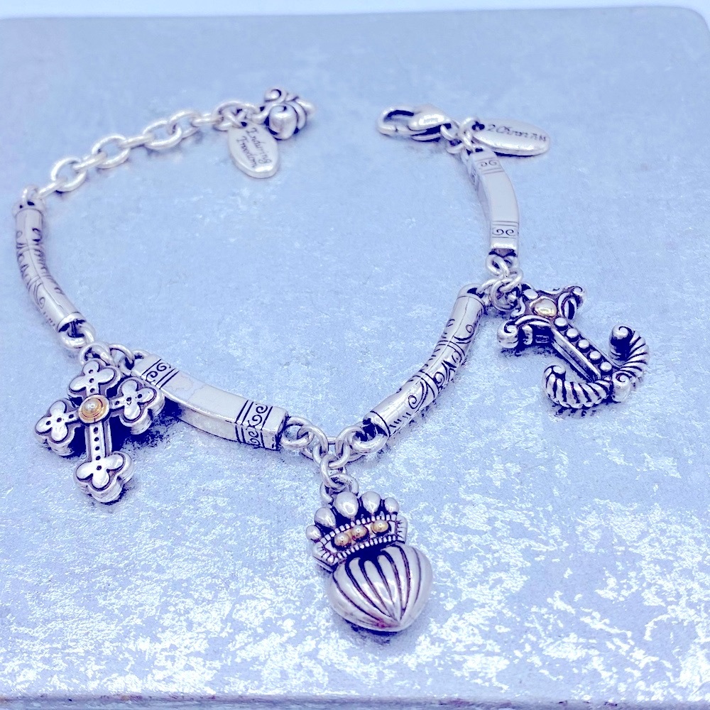 Retired Brighton “Enduring Freedom” Charm Bracelet Cross Anchor Crown 2 Verses